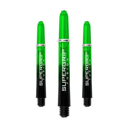 HR340_Harrows_Supergrip_Fusion_Shafts_Gr-n_40mm_16ihaQDlU3fr0w Das Bild zeigt drei grüne Harrows Supergrip Fusion Shafts. Die Shafts sind schwarz und grün mit weißer Aufschrift.