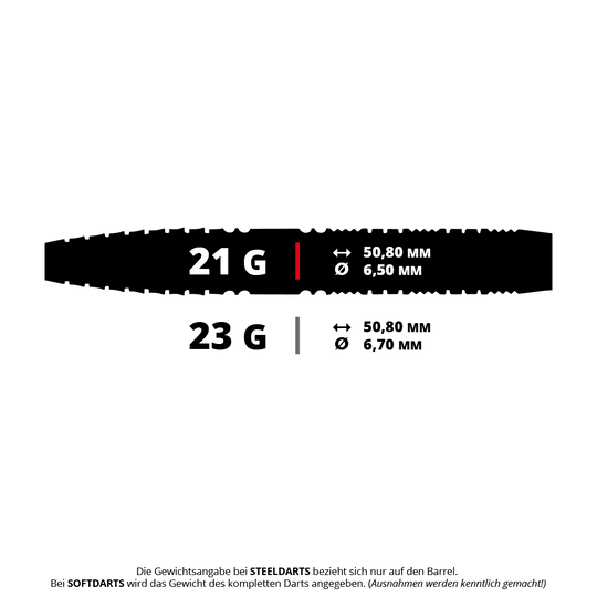 Das Bild zeigt Steeldarts mit dem Namen 'Recon Tapered' von Red Dragon. Die Darts wiegen 21 Gramm.