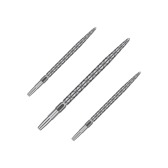 Das Bild zeigt drei silberne Dartspitzen mit einem Rautenmuster. Sie sind schmal und haben ein detailliertes, strukturiertes Design.