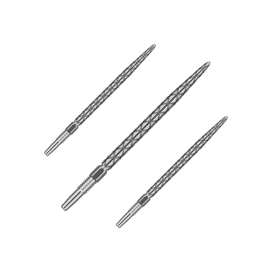 Target Swiss Diamond Pro Silver Points dart tips Das Bild zeigt drei silberne Dartspitzen mit einem Rautenmuster. Sie sind schmal und haben ein detailliertes, strukturiertes Design.