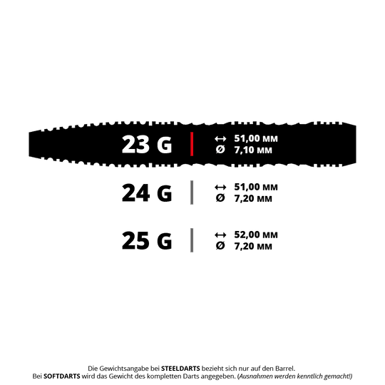 Das Bild zeigt einen Shot Alchemy Mythril Steeldart mit einem Gewicht von 23 Gramm. Es handelt sich um einen hochwertigen Dartpfeil für Steeldart-Spiele.