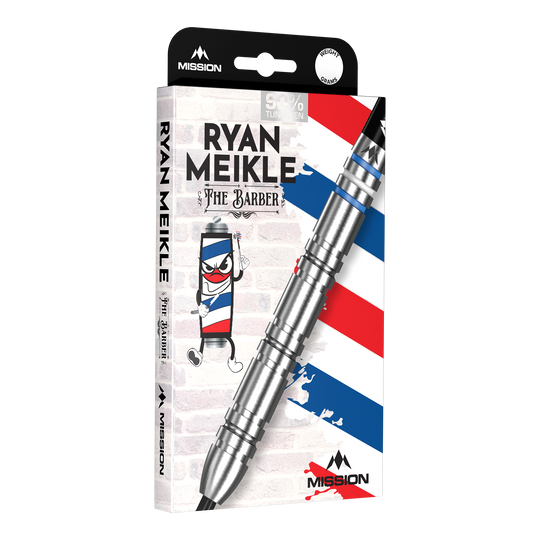 Hier sieht man die Mission Ryan Meikle The Barber Steeldarts - 23g. Diese Darts zeichnen sich durch ihr einzigartiges Design aus.