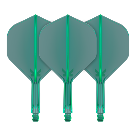 Target K-Flex No2 Standard Flight-System - Gruen In der Aufnahme werden Dart-Flights mit klarer Linienführung gezeigt. Zwei Flights sind im Bild nebeneinander positioniert.