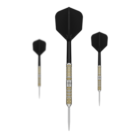 Dardos de acero Target Japan Black Marque Reyn GEN2 Das Bild zeigt drei Target Japan Black Marque Reyn GEN2 Steeldarts mit schwarzen Flights. Die Dartpfeile haben einen silbernen und goldenen Griffbereich sowie lange, spitze Spitzen.