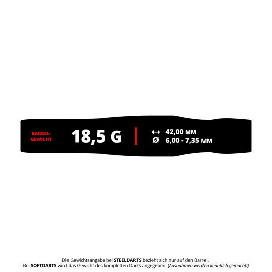 Freccette morbide Target Japan Crux Brave - 18,5 g Das Bild zeigt die Produktdaten der "Target Japan Crux Brave Softdarts - 18,5g". Es werden das Barrelgewicht von 18,5 g, die Länge von 42,00 mm und der Durchmesser von 6,00 - 7,35 mm angezeigt.