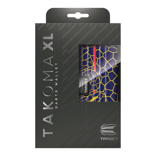 Pouzdro na šipky Target Takoma Josh Rock XL Das Bild zeigt die Verpackung des Produkts "Target Takoma Josh Rock XL Dartcase". Das Dartcase ist teilweise durch ein Fenster in der Verpackung sichtbar und hat ein buntes, grafisches Design.