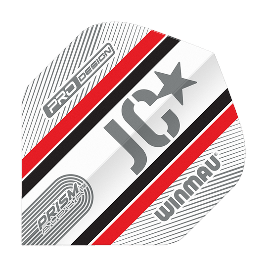 Winmau Alpha Joe Cullen Cullen 85 Standardní lety Das Bild zeigt ein Winmau Alpha Joe Cullen 85 Standard Flight für Dartpfeile. Das Flight ist weiß mit roten, schwarzen und grauen Streifen sowie den Aufdrucken "JC", "PRO DESIGN" und "WINMAU".