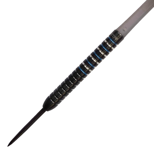 Dynasty Fallon Sherrock 4 S AFlow BK Steeldarts - z autografem - 23g Das Bild zeigt einen Dynasty Fallon Sherrock 4 S AFlow BK Steeldart mit einem Gewicht von 23g. Der Dart ist schwarz mit silbernen und blauen Ringen und trägt eine Unterschrift.