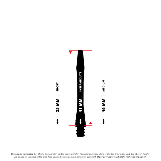 7012_Winmau_Astro_Aluminium_Shafts_5_41mm Das Bild zeigt einen schwarzen Winmau Astro Aluminium Shafts, der als Intermediate mit einer Länge von 41 mm dargestellt ist. Die Grafik vergleicht die Längen der Short (35 mm), Intermediate (41 mm) und Medium (46 mm) Ausführungen.