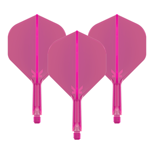 Target K-Flex No2 Standard Flight System - Rosa neon Das Bild zeigt drei pinkfarbene Dart-Flights mit Schäften. Sie sind nebeneinander angeordnet und haben eine neonpinke Farbe.