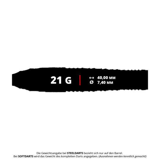 Das Bild zeigt die Produktdaten der Caliburn Wolfpack W3 Steeldarts mit einem Gewicht von 21 Gramm. Die Barrel-Länge beträgt 40,00 mm und der Durchmesser 7,40 mm.