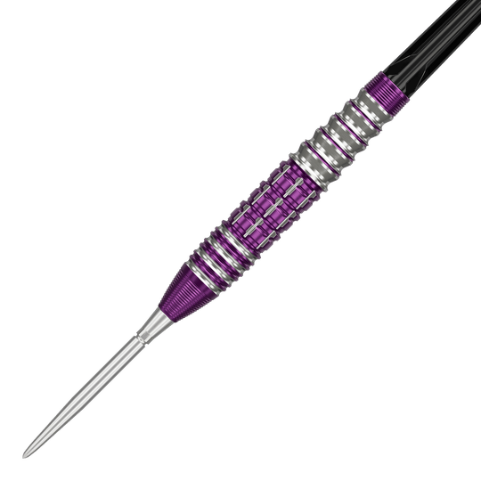 Fléchettes en acier Target Japan Prime Series Tung Suk Zenith GEN1 Swiss Point - 23 g Das Bild zeigt einen Target Japan Prime Series Tung Suk Zenith GEN1 Swiss Point Steeldart mit 23g Gewicht. Der Dart hat ein auffälliges Design mit silbernen und lila Elementen am Griff.