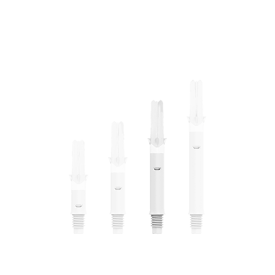 Wałki L-L-Style-Shafts Silent Straight - białe Auf dem Bild sind vier weiße Dartschäfte in unterschiedlicher Länge zu sehen. Sie sind nebeneinander in einer Reihe angeordnet und besitzen ein Gewinde am unteren Ende.