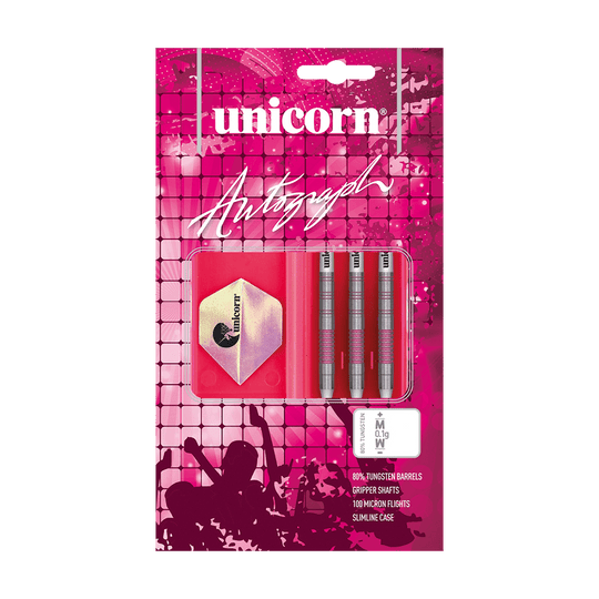 06033_Unicorn_Autograph_Softdarts_3 Das Bild zeigt das Produkt "Unicorn Autograph Softdarts - 19g" in einer Verpackung mit drei Darts und Zubehör. Die Verpackung ist überwiegend pink und enthält Informationen über die enthaltenen Materialien und Eigenschaften der Darts.