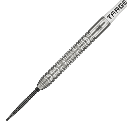 Dardos de acero Target Shane McGuirk GEN1 Swiss Point - 23 g Das Bild zeigt einen Target Shane McGuirk GEN1 Swiss Point Steeldart mit einem Gewicht von 23 Gramm. Der Dartpfeil besteht aus silbernem Metall und hat eine strukturierte Griffzone für besseren Halt.