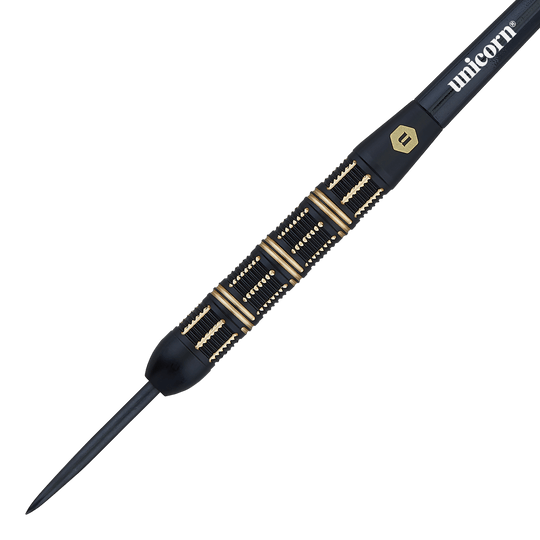 Steeldarts Unicorn Top Brass V3 - 21g Das Bild zeigt einen schwarzen Steeldartpfeil mit goldenen Akzenten und der Aufschrift „unicorn“. Es handelt sich um das Modell „Unicorn Top Brass V3 Steeldarts - 21g“.
