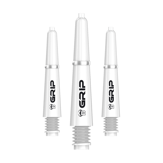 BS55089_Bulls_B-Grip-2_SL_Shafts_Weiss_28mm_1 Auf dem Bild sind drei weiße Dartschäfte des Modells "Bulls B-Grip-2 SL" zu sehen. Sie sind schlank geformt und tragen den schwarzen Schriftzug "GRIP" auf der Seite.