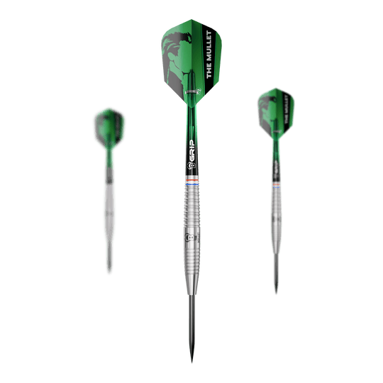 Hier sind die Bulls Danny Jansen G2 Steeldarts als Set zu sehen. Mehrere Dartpfeile werden geordnet präsentiert.