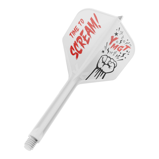 Target Japan K-Flex Scream No6 Flight Shaft System Auf dem Bild ist ein weißes Dartflight mit einem dazugehörigen Schaft zu sehen. Auf dem Flight steht in roten Buchstaben "TIME TO SCREAM!" und daneben ist eine Faust mit Sternen abgebildet.