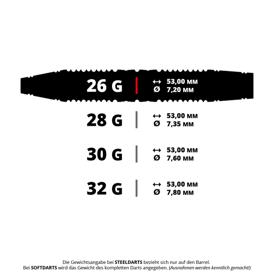 GOAT Dumbbell Steeldarts Das Bild zeigt einen GOAT Dumbbell Steeldart mit einem Gewicht von 26 Gramm. Dies ist ein Steeldartpfeil für Dartsportliebhaber.