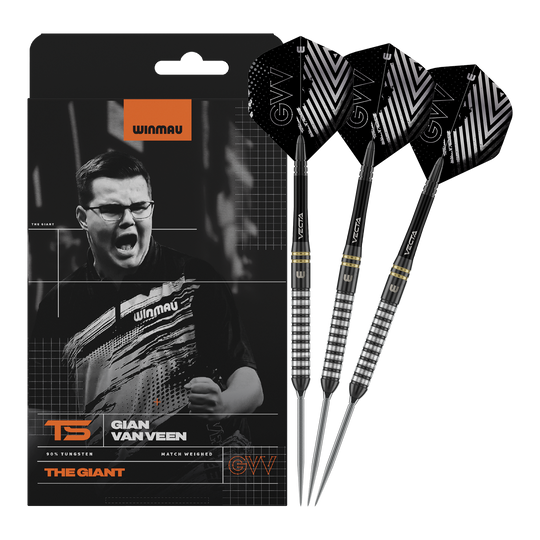 Winmau Gian Van Veen TS Switch Point Steeldarts Abgebildet ist Winmau Gian Van Veen TS Switch Point Steeldarts. Die Darts sind vollständig nebeneinander dargestellt.