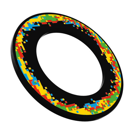 Das Bild zeigt ein Produkt mit der Bezeichnung 'MSF-H1_McDart_Pixel_Dartboard_Surround_Schwarz_1'. Es handelt sich um einen schwarzen Schutzring für ein Dartboard.