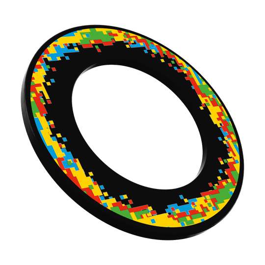 McDart Pixel Dartboard Surround Das Bild zeigt ein Produkt mit der Bezeichnung 'MSF-H1_McDart_Pixel_Dartboard_Surround_Schwarz_1'. Es handelt sich um einen schwarzen Schutzring für ein Dartboard.