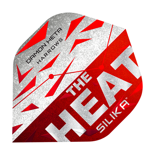 Lety Harrow's Silika Damon Heta Series 3 Das Bild zeigt ein Dart-Flugblatt mit dem Namen "Harrows Silika Damon Heta Series 3 Flights". Es ist in den Farben Rot, Weiß und Silber gestaltet und trägt die Aufschrift "THE HEAT SILIKA" sowie "DAMON HETA HARROWS".