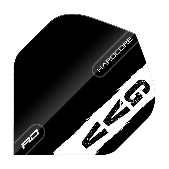 Standardní letky Red Dragon Hardcore Gian Van Veen s černým logem Das Bild zeigt ein schwarzes Dart-Flight mit weißen und grauen Akzenten. Auf dem Flight stehen die Wörter "HARDCORE", "RD" und die Buchstaben "GVG".