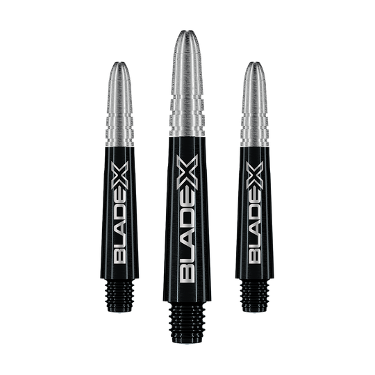 Winmau Vecta Blade X Shafts - Schwarz Gezeigt wird ein Set schwarzer Dartshafts mit der Bezeichnung Winmau Vecta Blade X, 34 mm. Das Set ist für Dartspieler geeignet.