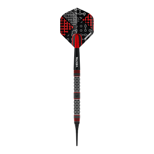 Dardos blandos Winmau Cypher - 20 g Das Bild zeigt einen Winmau Cypher Softdart mit einem Gewicht von 20 Gramm. Der Dart hat ein modernes Design in Schwarz, Rot und Silber.