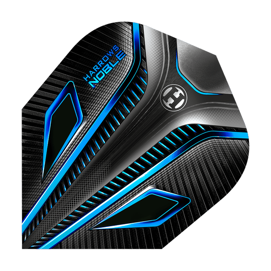 HR7_Harrows_Noble_Aqua_Standard_Flights_1Ndi68Ho78sdhP Das Bild zeigt das Produkt "Harrows Noble Aqua Standard Flights" in einem modernen Design. Die Flights sind überwiegend schwarz mit blauen und silbernen Akzenten.