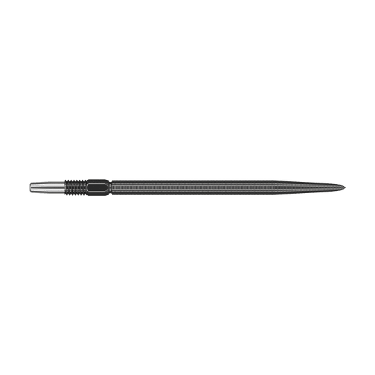 Target Swiss Point Nano Dart Tips - Black Das Bild zeigt eine schwarze Dartspitze mit feiner Riffelung. Sie ist lang und schlank mit einem metallischen Ansatz auf der linken Seite.