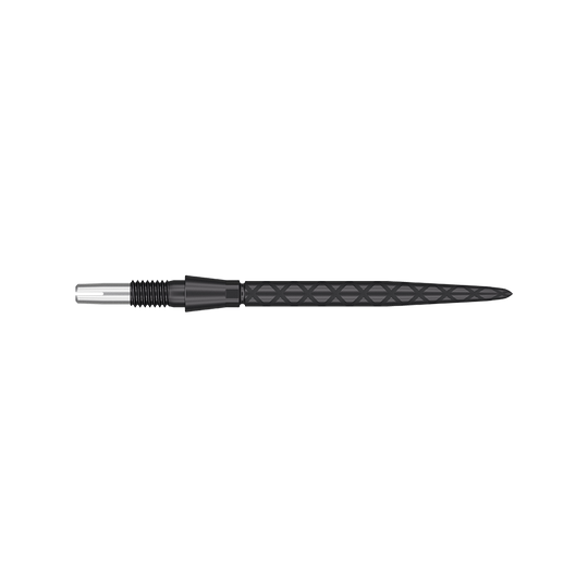 Target Swiss Storm Diamond Point Dart Tips - Black Auf dem Bild ist eine schwarze Dartspitze mit diamantförmigem Muster zu sehen. Sie ist lang und hat ein präzises, spitzes Ende.