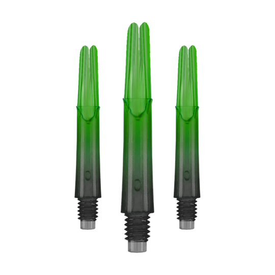 L-L-Style-Shaft Locked Straight Natural9 TwoTone Shafts - Grün Das Bild zeigt drei grüne, transparente Dartschäfte mit Gewinde am unteren Ende. Die Schäfte sind gerade und haben einen leichten Farbverlauf von grün zu schwarz.