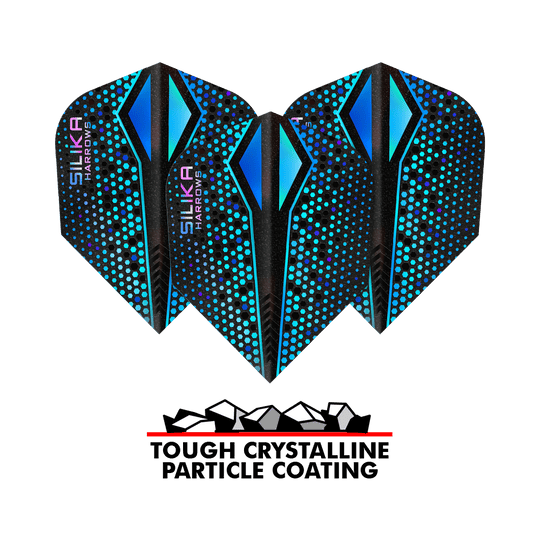 Plumas Harrows Silika Colorshift con revestimiento cristalino resistente Blue-X No6 Das Bild zeigt drei blaue Harrows Silika Colourshift Tough Crystalline Coating Blue-X No6 Flights. Darunter steht der Schriftzug "Tough Crystalline Particle Coating" mit einer Grafik von Kristallteilchen.