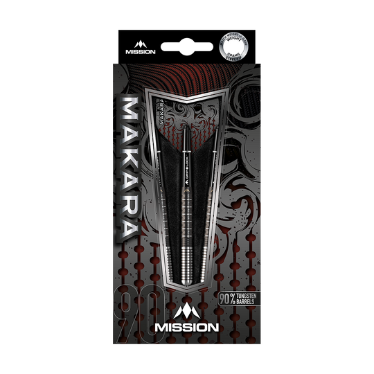 Mission Makara M1 Steeldarts Die Abbildung zeigt die Verpackung der "Mission Makara M1 Steeldarts". Auf der Verpackung steht, dass die Darts 90% Tungsten-Barrels haben.