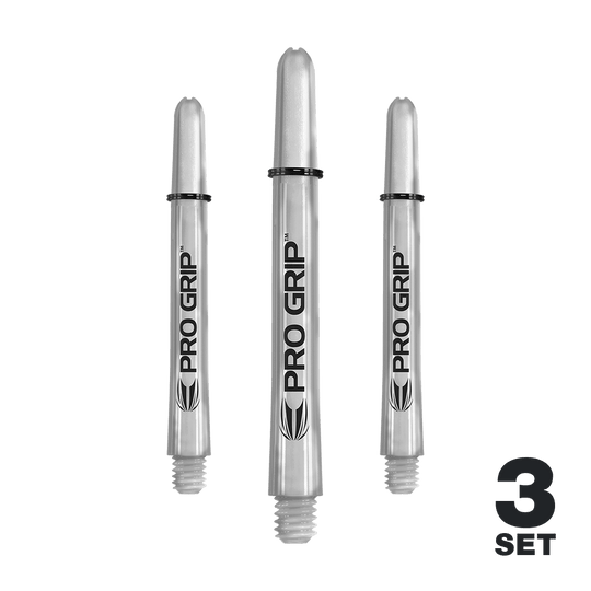 Target Pro Grip Shafts - 3 Sets - Transparent Das Bild zeigt drei transparente "Pro Grip" Shafts für Dartpfeile. In der rechten unteren Ecke steht "3 Set".