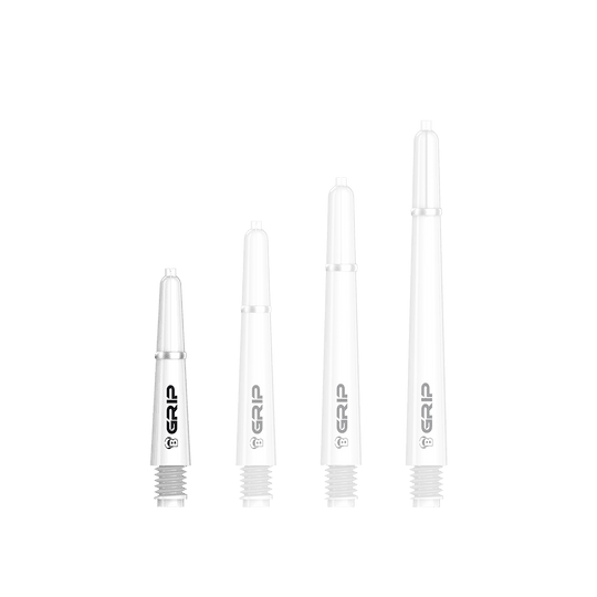 BS55089_Bulls_B-Grip-2_SL_Shafts_Weiss_28mm_1qvs1RFi2OKQNN Das Bild zeigt vier weiße Bulls B-Grip-2 SL Shafts in unterschiedlichen Längen. Sie sind nebeneinander angeordnet und haben ein schwarzes "GRIP"-Logo aufgedruckt.