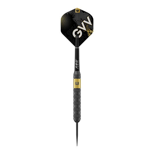 Das Bild zeigt Winmau Gian Van Veen Core Brass Steeldarts mit einem Gewicht von 21 Gramm. Die Steeldarts sind aus einer seitlichen Perspektive zu sehen.