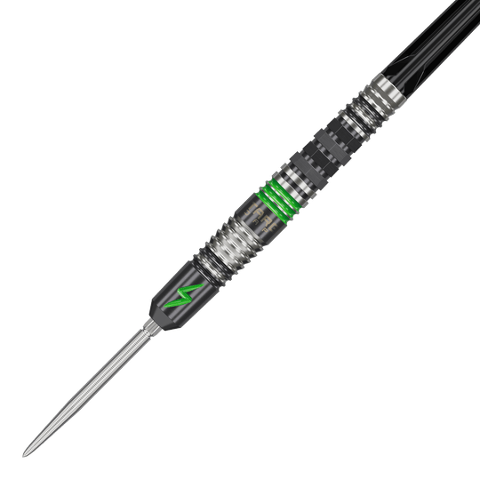 Ocelové šipky Target Japan Black Marque Lightning 3 SP Das Bild zeigt einen Target Japan Black Marque Lightning 3 SP Steeldart. Der Dartpfeil hat ein modernes Design mit schwarzen und silbernen Elementen sowie auffälligen grünen Akzenten.
