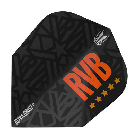 TG62_334020_Target_Ultra-Ghost_RvB_GEN2_Ten-X_Flights_1 Das Bild zeigt das Produkt "Target Ultra Ghost RvB GEN2 Ten-X Flights". Es ist ein schwarzes Dart-Flight mit dem großen orangefarbenen Schriftzug "RVB" und fünf gelben Sternen.