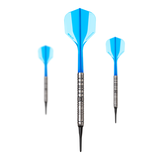 Harrows Flux Softdarts mit 20g sind im Set abgebildet. Das Set ist sportlich und stilvoll arrangiert.