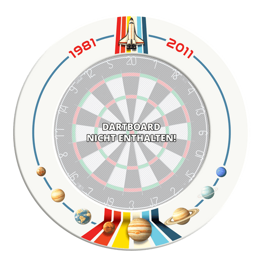 Cornice per bersaglio McDart Space Shuttle Das Bild zeigt den McDart Weltraum Shuttle Dartboard Surround. Es handelt sich um einen Schutzring für Dartboards.