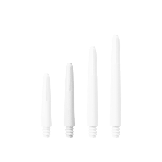 581_Nylon_Shafts_Schneeweiss_35mm_1SOzIiFqo0WIso Das Bild zeigt vier Nylon Shafts in Schneeweiß, die in unterschiedlichen Längen angeordnet sind. Sie sind jeweils mit einem Schraubgewinde am unteren Ende versehen.