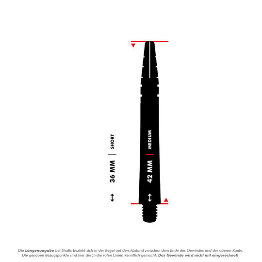 Das Bild zeigt zwei schwarze Dart-Schäfte der Marke Red Dragon Nitrotech Gerwyn Price. Die Schäfte sind in den Längen 36 mm (Short) und 42 mm (Medium) abgebildet.