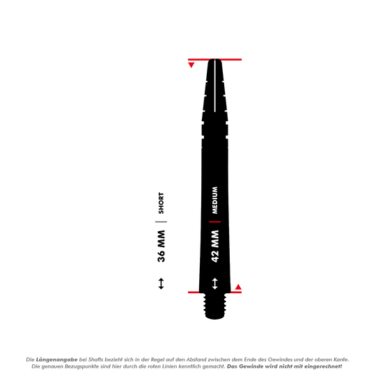 C634_Red_Dragon_Nitrotech_Gerwyn_Price_Shafts_5_42mmTck0FfRpF7xUV Das Bild zeigt zwei schwarze Dart-Schäfte der Marke Red Dragon Nitrotech Gerwyn Price. Die Schäfte sind in den Längen 36 mm (Short) und 42 mm (Medium) abgebildet.