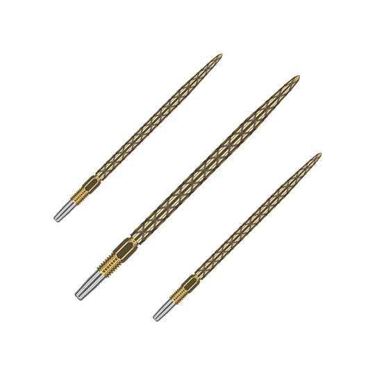 Target Swiss Diamond Pro Gold Dartspitzen Das Bild zeigt drei goldfarbene Dartspitzen mit einem diamantähnlichen Muster. Die Spitzen sind schlank und haben eine silberne Befestigung am unteren Ende.
