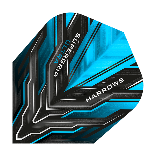 HR10_Harrows_Supergrip_Ultra_Aqua_Standard_Flights_1jeSY61nQJWwVj Das Bild zeigt ein Dart-Flight in leuchtendem Blau und Schwarz mit grafischem Muster. Auf dem Flight stehen die Wörter "SUPERGRIP ULTRA" und "HARROWS".