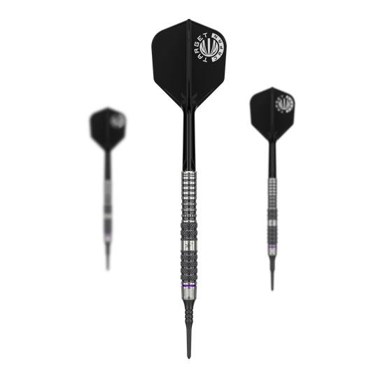 Měkké šipky Target Japan Yuta Hayashi Sirius GEN3 - 19g Das Bild zeigt drei Softdarts des Modells "Target Japan Yuta Hayashi Sirius GEN3 - 19g". Die Darts haben schwarze Flights und silberne, geriffelte Barrels.